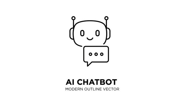 Cute AI chatbot icon vector illustration showing modern outline robot head character with message chat bubble symbol for support.