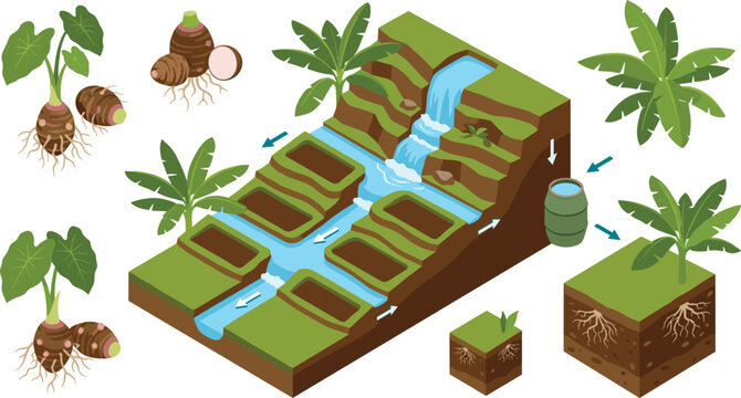 Isometric Taro Terrace Farming Vector Set with Waterfall Irrigation System Lo_i Patch Inundated Fields and Colocasia Esculenta Root Crop Elements