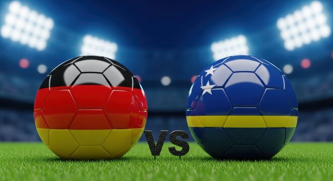 Germany vs Curacao Soccer Match Concept - Two Footballs with National Flags in a Stadium at Night