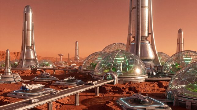 Futuristic space colony on red planet with biodomes