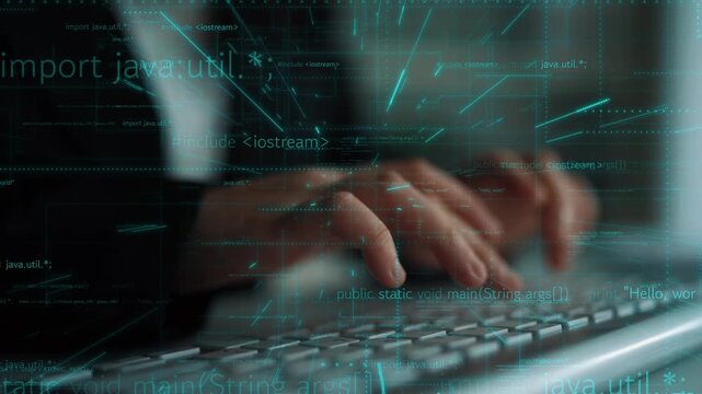 A focused shot of hands typing on a keyboard with a digital code overlay. This image captures the essence of programming and software development in a modern workspace. Xenic