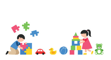 Obraz premium This vector illustration shows a young boy and a girl happily playing with colorful puzzles, building blocks, and diverse classic toys.