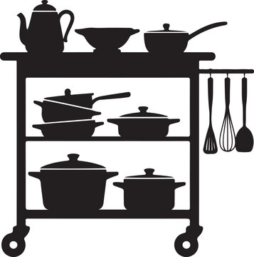 Mobile kitchen cart with cooking utensils and pots