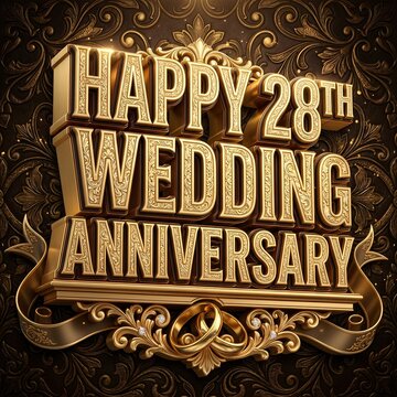 Intricate golden typography for Happy 28th Wedding Anniversary surrounded by ornamental patterns and wedding rings motif