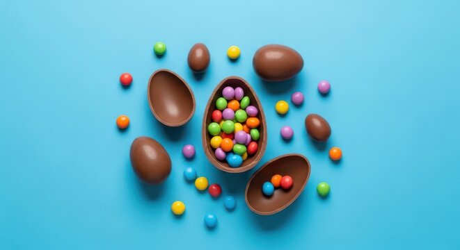 Chocolate easter eggs and colorful candy buttons on a blue background