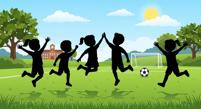 Kids playing soccer, children running on field, silhouette illustration, green grass background