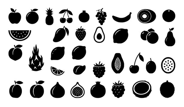 Black Fruit Silhouette Vector Set with Minimal Icons for Logos and Graphic Elements