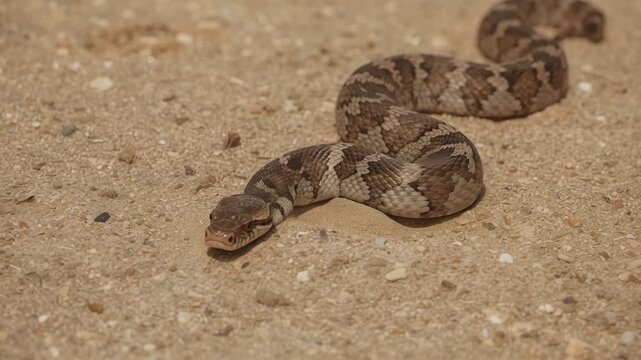Juvenile brown desert snake slithering across sand with coiled body and alert head