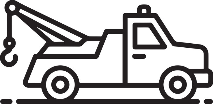 MobileTow truck illustration &mdash; roadside assistance vehicle with towing arm and hook in minimal black‑and‑white line art