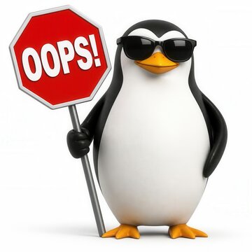Funny cartoon penguin wearing sunglasses holding an oops sign.