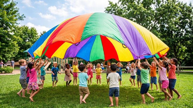 Happy children playing with a colorful rainbow parachute in a sunny park.