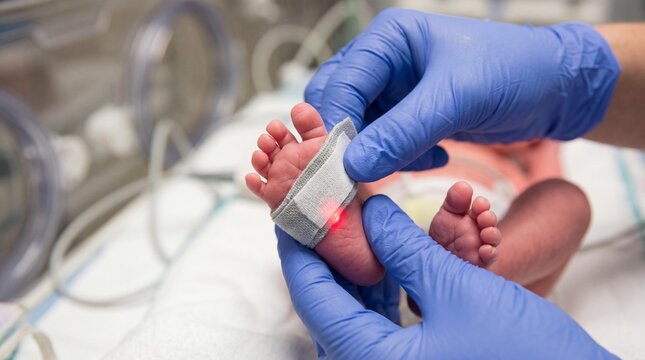 Nurse checking a pulse oximeter on a newborn baby's foot in a hospital ward