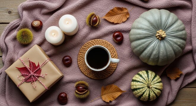 Cozy autumn composition with coffee, pumpkins, chestnuts, and a gift on a soft blanket