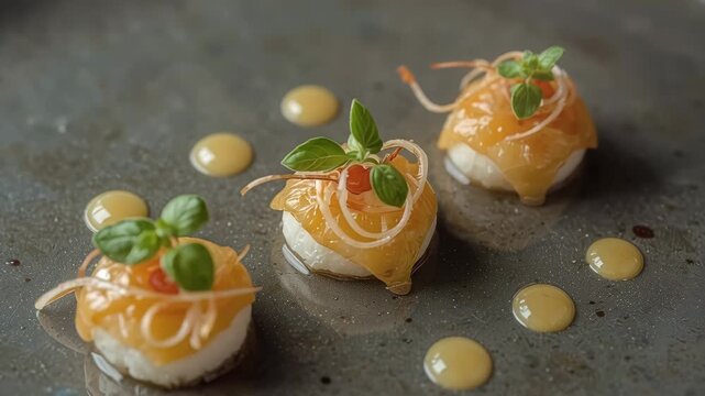 Citrus seafood microgreen garnish appetizer with sauce dots, citrus glaze and gel, elegant plated