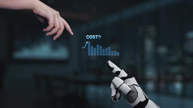 This image showcases a sleek AI robot hand interacting with a digital graph illustrating cost analysis trends, set against a modern office backdrop, highlighting innovation in finance. Synapse