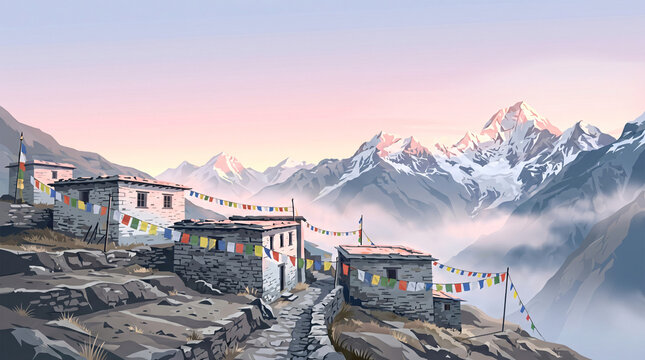 Himalayan Village at Dawn with Colorful Prayer Flags Stone Houses Snow Capped Mountain Peaks and Pink Sky Flat Illustration Background with Copy Space