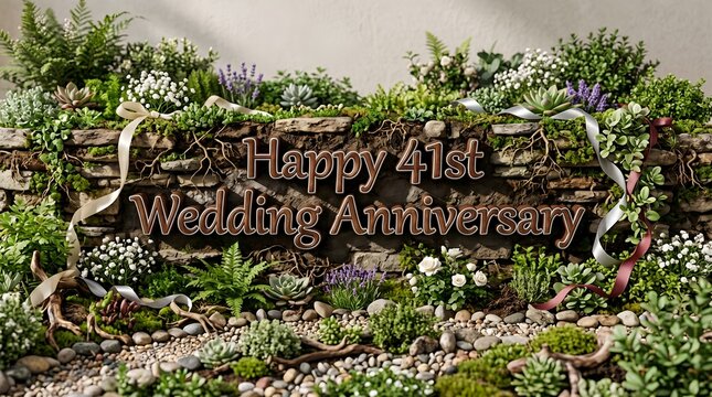 Natural Stone Garden Arrangement Highlighting Happy 41st Wedding Anniversary Lettering Surrounded by Succulents, Ferns, White Flowers, Moss and Decorative Pebbles