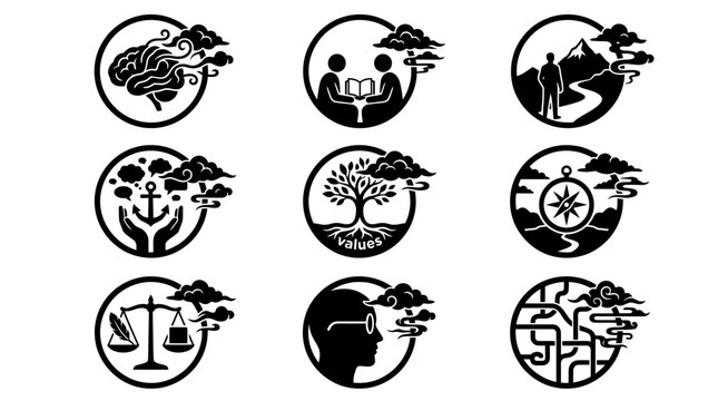 Abstract Icons Set: Brain, Knowledge, Journey, Values, Growth, Direction, Justice, Insight, Network