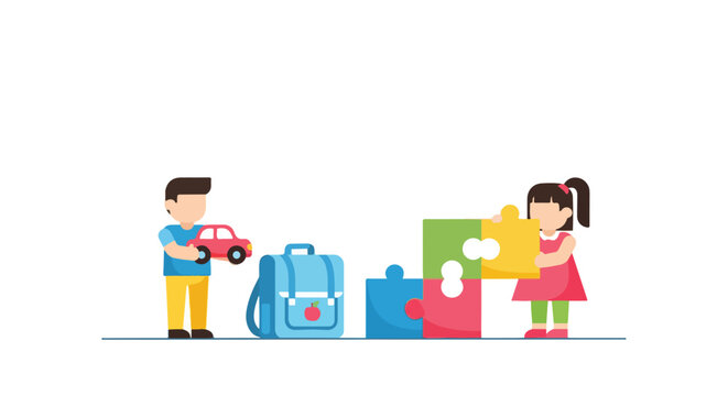 Two children, a boy with a toy car and a girl with puzzle pieces, are playing together near a blue school backpack with an apple logo.