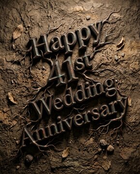 Tree Root Inspired Earth Texture Surrounding Happy 41st Wedding Anniversary Typography with Rustic Natural Ground Composition