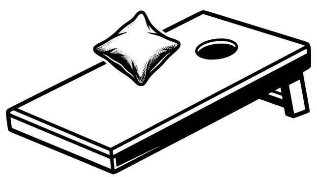 Black and white illustration of a cornhole board with beanbag