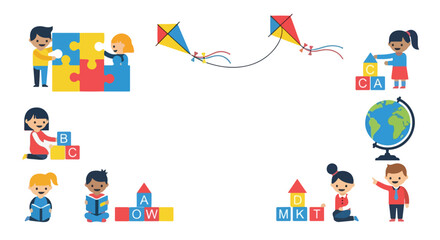Fototapeta premium An illustration of children engaged in various educational activities like reading, playing with blocks, puzzles, and flying kites.
