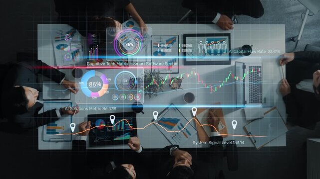 Explore a modern workspace showcasing advanced data analytics and cognitive technology with digital dashboards. Perfect for illustrating business strategy and innovation. Raster