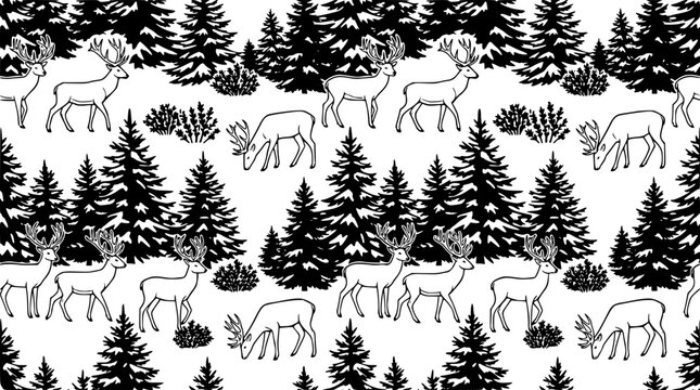 Black and white vector illustration of deer and pine trees pattern