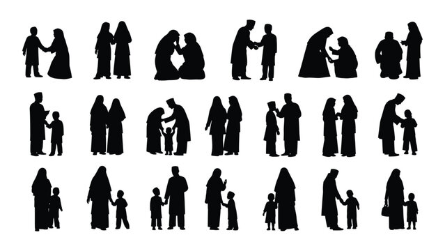 Collection of family silhouettes depicting couples and children holding hands black on white silhouette people group couple child parent parents