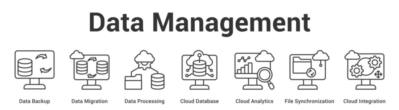 Data Management web banner icon vector illustration concept for business with icon of Data Backup, Data Migration, Data Processing, Cloud Database, Cloud Analytics, File Synchronization, Cloud.