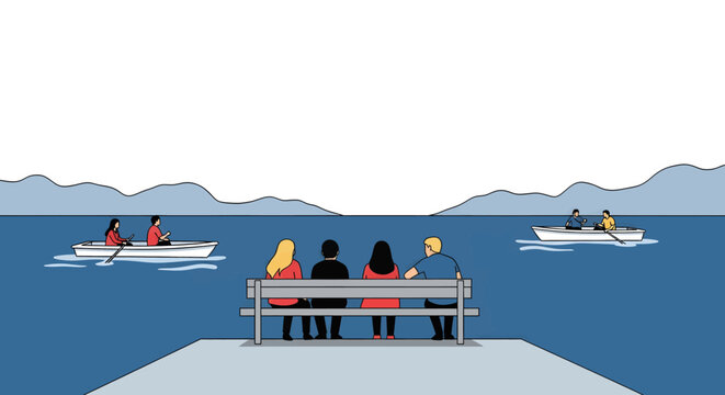Four people sitting on a pier bench watching two boats with rowers on a lake with mountains.