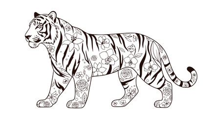 Fototapeta premium Elegant Tiger Illustration with Floral Patterns, Black and White Line Art