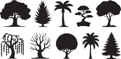 Black and white vector silhouettes of various trees © Masud