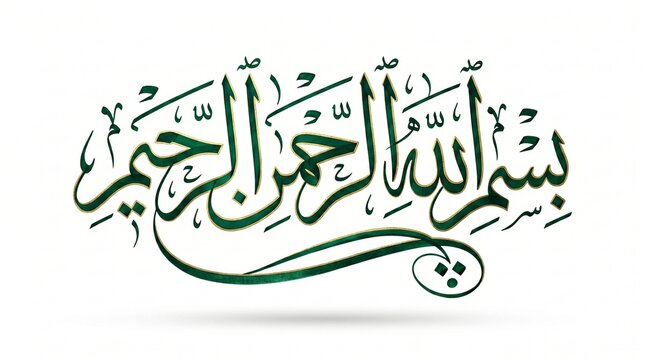 Islamic Arabic calligraphy of Bismillah in dark green ink, elegant religious script for Ramadan and Eid, traditional Basmala spiritual art isolated PNG with Transparent Background
