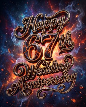 Fiery Cosmic Typography Displaying Happy 67th Wedding Anniversary with Molten Lettering Glowing Embers Nebula Smoke and Explosive Space Background