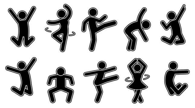 Collection of Dancing Stick Figure Icons in Various Energetic Poses