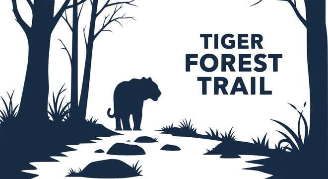 Silhouette of a tiger on a forest trail with trees and rocks, vector illustration