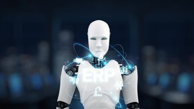A humanoid robot engages with a holographic interface showcasing enterprise resource planning concepts in a contemporary business setting, symbolizing future technology. Synapse