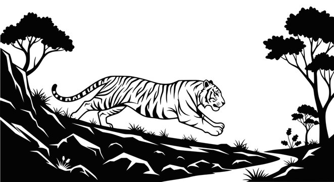 Tiger running silhouette on a rocky hill with trees and path, black and white graphic