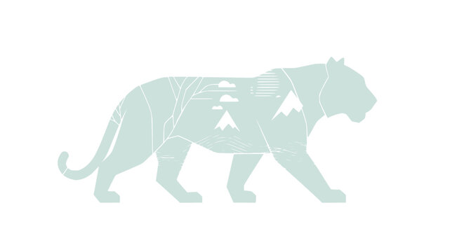 Geometric Tiger Silhouette Filled With Nature Landscape Scene, Minimalist Design