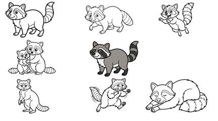 Fototapeta premium Raccoon vector illustration set. Collection of cute line art and colored raccoon characters in various poses—standing, running, jumping, sleeping, and a parent with a baby kit. Isolated.
