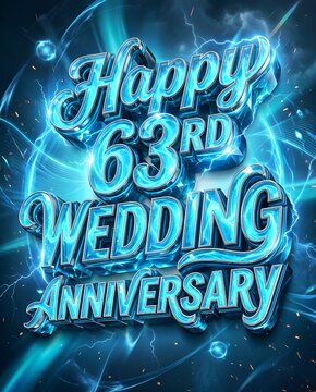 Electric Blue Energy Composition Featuring Happy 63RD Wedding Anniversary Crystal Style Three Dimensional Lettering with Lightning Effects, Glowing Waves, and Dynamic Abstract Background
