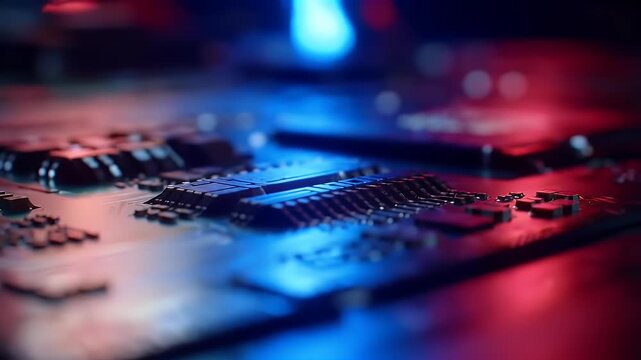 Extreme close-up of a microchip with red and blue lighting, abstract technology background
