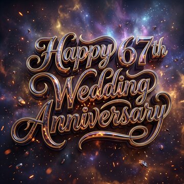 Cosmic Nebula Background Surrounding Happy 67th Wedding Anniversary Elegant Metallic Typography with Glowing Space Particles, Celestial Colors, and Decorative Swirling Letterforms