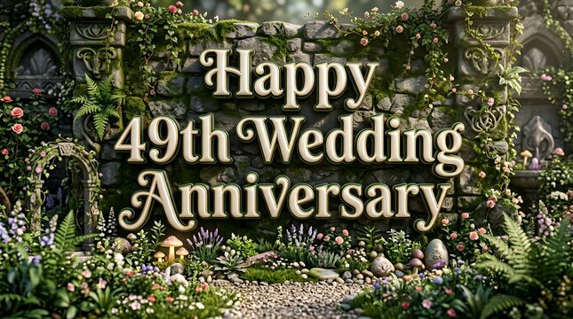 Medieval Leather Bound Decorative Panel Highlighting HAPPY 49th Wedding Anniversary with Embossed Brown Typography, Brass Hardware, Buckled Straps, and Vintage Wooden Texture