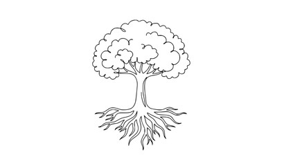 Continuous Line Drawing of Stylized Tree with Full Canopy and Intricate Roots Black and White Vector Illustration © Rune Veil