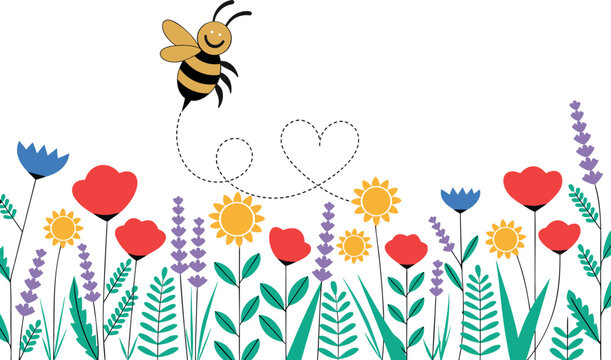 Cute Cartoon Bee Flying Over Flowers on Transparent Background.
