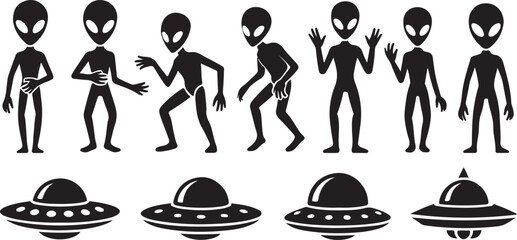 Alien characters waving and dancing with flying saucers © Masud