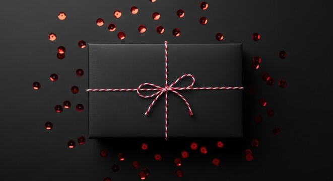 Black gift box tied with red and white twine on a dark background with red sequins