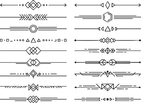 Sophisticated set of thin line geometric dividers with arrows triangles and abstract frames for modern document design and page decoration elements created in monochrome vector format style.